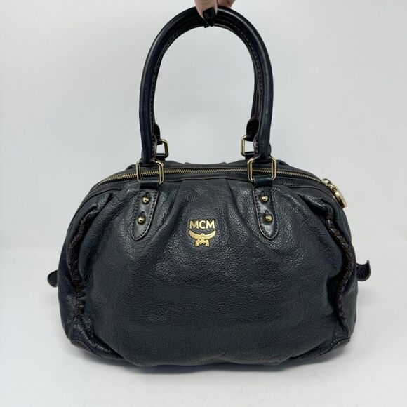 MCM | Top Handle Black Leather Bag Hobo Satchel Tote Purse - Picture 1 of 10